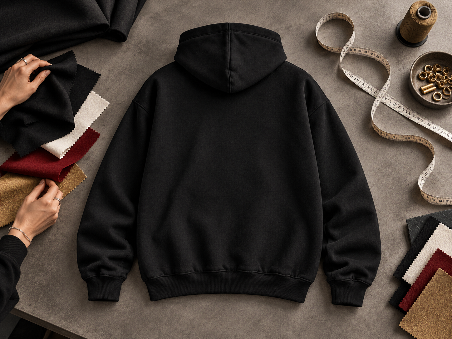 Atelier de personnalisation VARYN avec un hoodie noir et des échantillons de tissu
